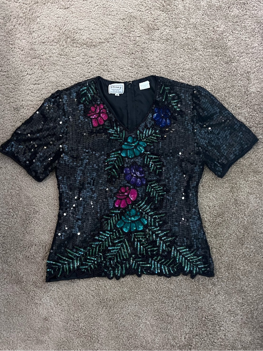 Stenay Silk Black Sequin V-Neck Top with Teal, Purple & Pink Floral Accents M
